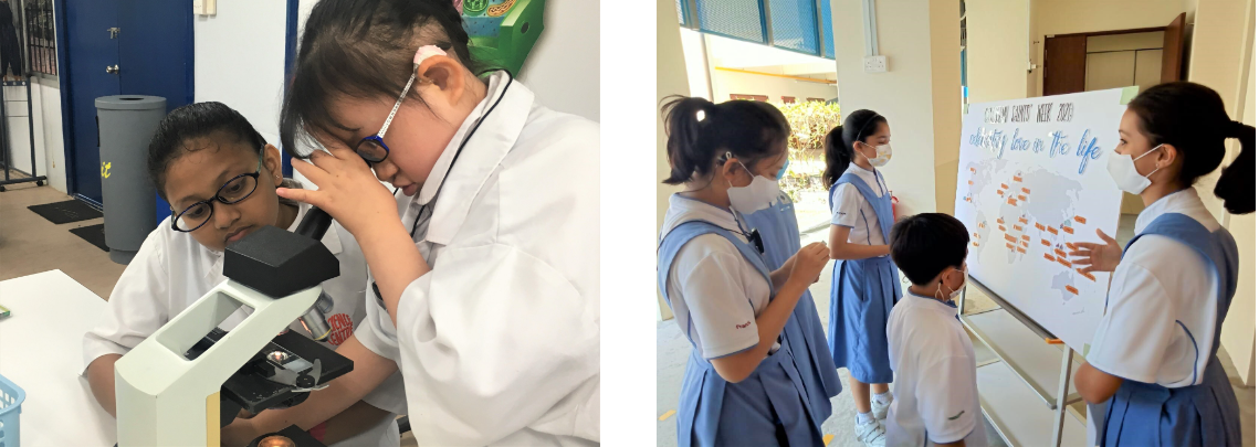 Two children use a microscope in lab coats; separately, masked students in uniforms gather around a whiteboard poster.